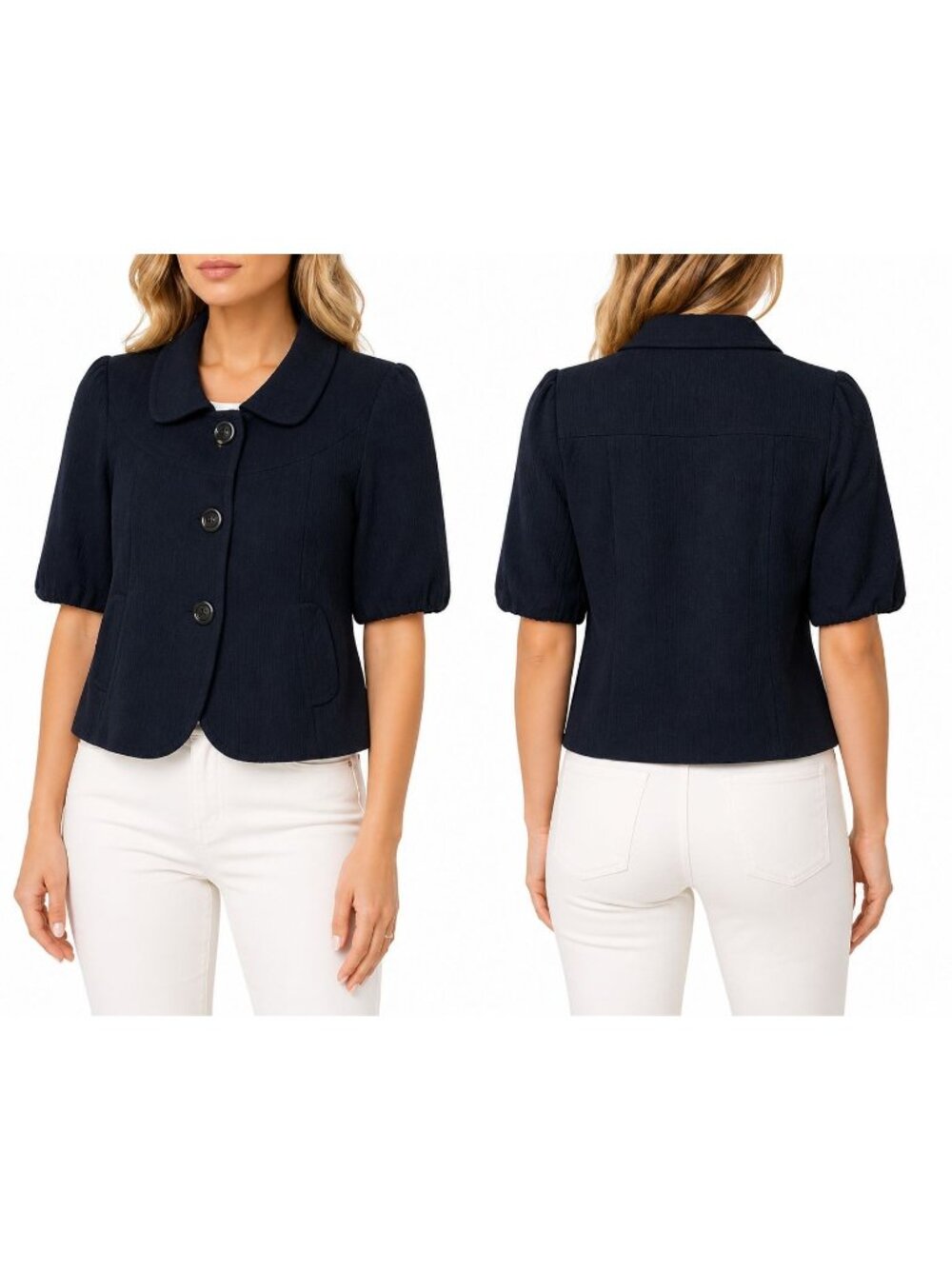 Piko 1988 Medium Black Cropped Textured Button-Up 3/4 Sleeve Jacket